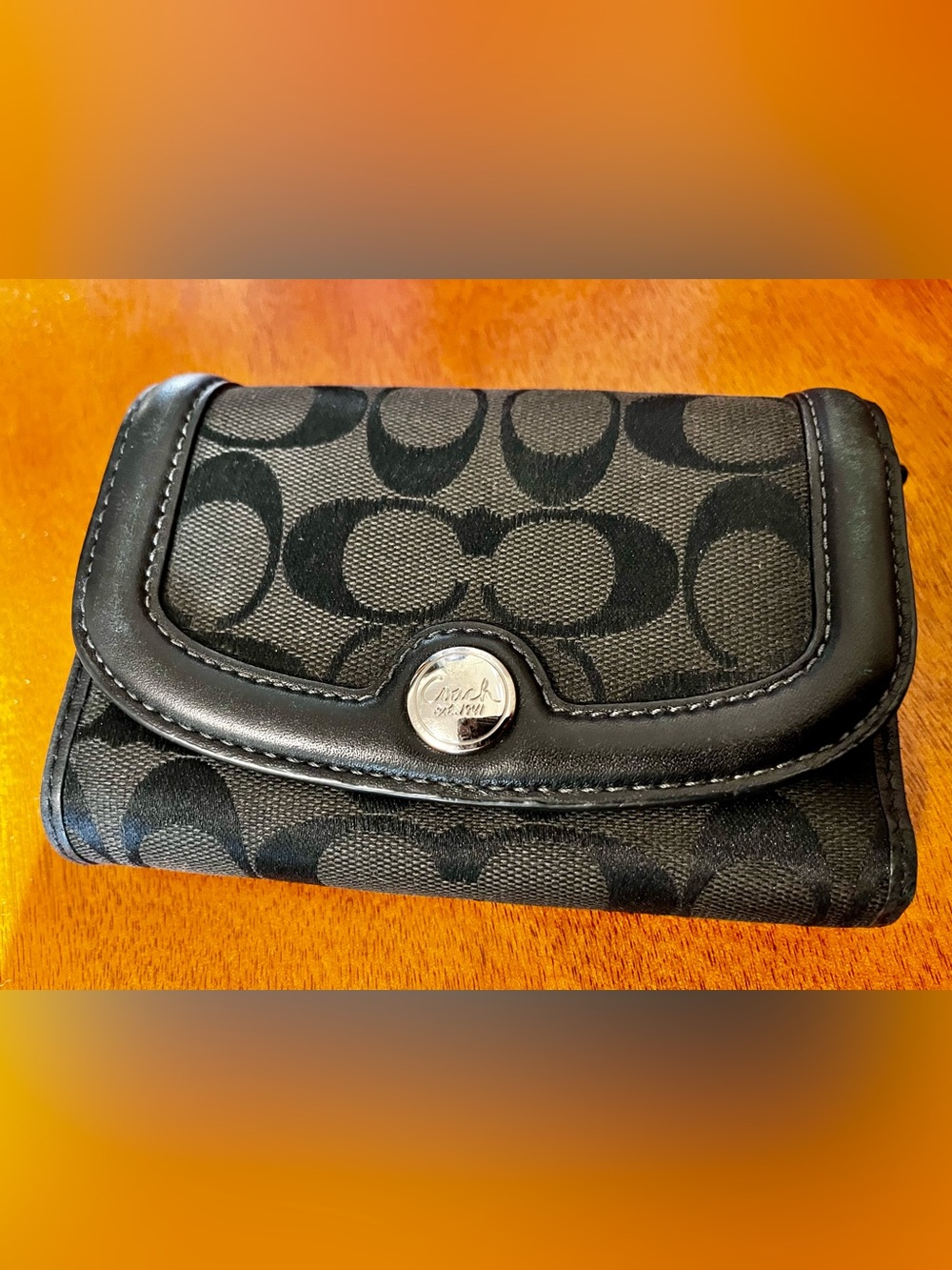 Coach Black Signature Canvas Compact Wallet with Silver Snap